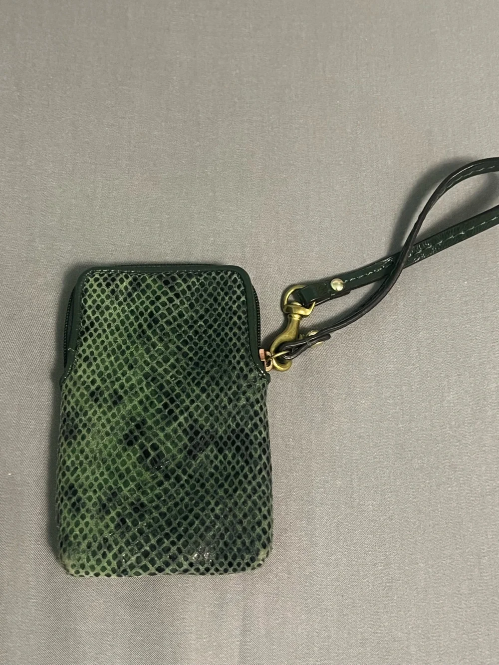 Coach Green Snake-Print Leather Wristlet Pouch with Gold Accent